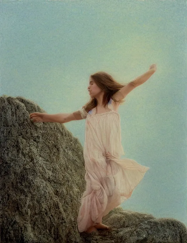 Image similar to peasant barefoot girl with long blowing windy hair standing hands up on the edge of rock, cottage core, cinematic focus, polaroid photo bleached vintage pastel colors high - key lighting, soft lights, foggy, by steve hanks, by lisa yuskavage, by serov valentin, by tarkovsky, 8 k render, detailed, oil on canvas