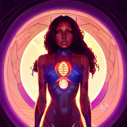 Image similar to symmetry!! intense fanart of starfire, intricate, elegant, highly detailed, my rendition, digital painting, artstation, concept art, smooth, sharp focus, illustration, art by artgerm and greg rutkowski and alphonse mucha