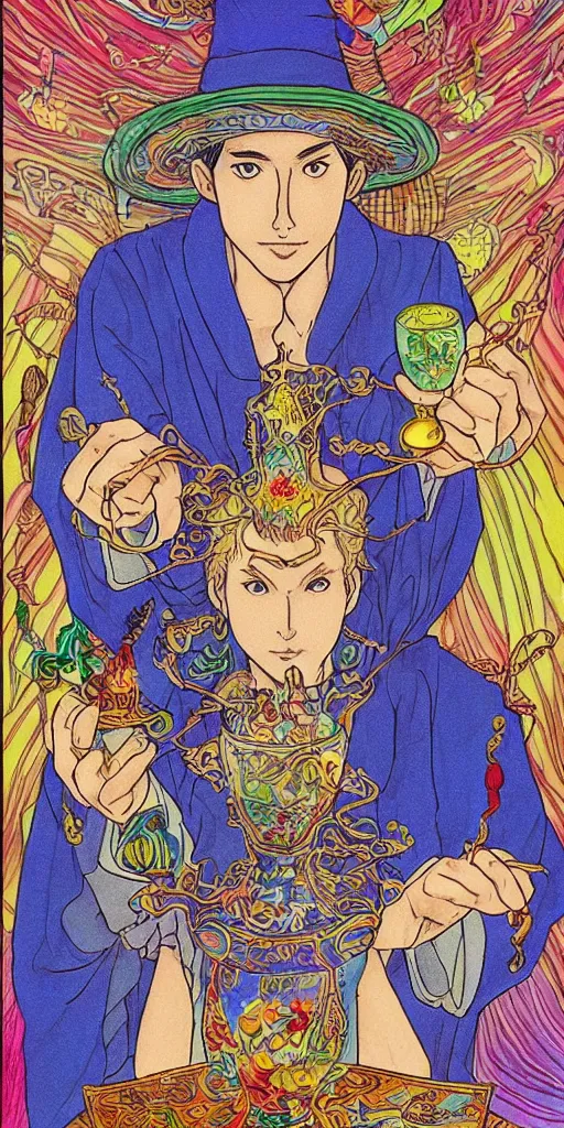 Prompt: a mystical man with a goblet on the table, wizard hat, drawn by Naoko Takeuchi, impressive line work, tarot card. tarot card the magician, psychedelic, intricate, detailed, full color