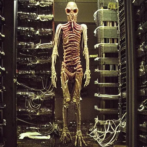 Image similar to “ugly filthy gross fleshy raw meat insectoid cybernetic mummy horse standing in a filthy dirty small server room filled with garbage and networking cables. David Cronenberg. Body horror style. 35mm.”