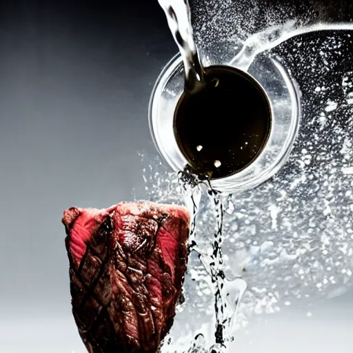 Image similar to a steak splashing into a pitcher of water, food photography gourmet, trendy food, macro photography, high contrast, slow - mo high speed photography