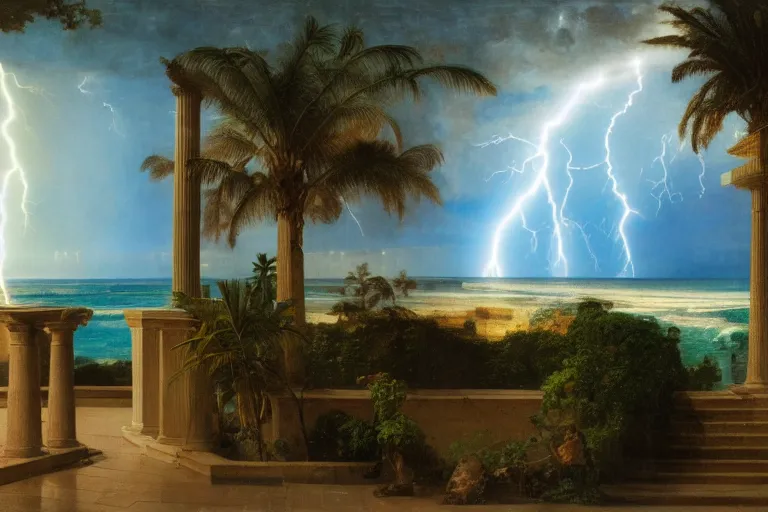 Image similar to mediterranean balustrade and columns, refracted lightnings on the ocean, thunderstorm, greek pool, beach and Tropical vegetation on the background major arcana sky and occult symbols, by paul delaroche, hyperrealistic 4k uhd, award-winning, very detailed paradise