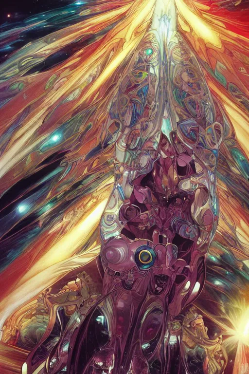 Image similar to faster than light we travel in time through the wormhole, by artgerm and yoshitaka amano and moebius and alphonse mucha, hyperdetailed, dc comics, ornate, nebula, explosions in the sky, trending on artstation