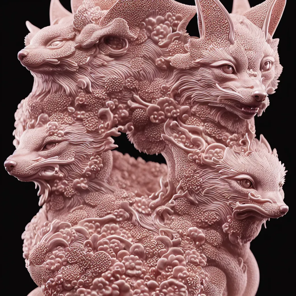 Image similar to A Close up photo-real delicate ceramic porcelain sculpture of an ornate detailed kitsune in front of a intricate background by Victo Ngai and takato yamamoto, micro detail, backlit lighting, subsurface scattering, translucent, thin porcelain, octane renderer, Pink and Black, physically based rendering, japanese pottery, trending on cgsociety