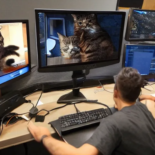 Prompt: a group of cats sitting at computers playing counter strike