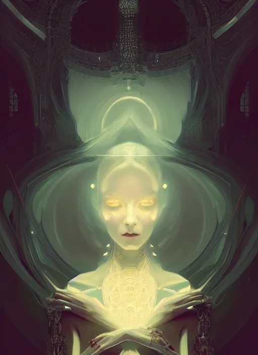 Image similar to symmetry!! portrait of a beautiful necromancer princess, sci - fi, glowing lights!! intricate, elegant, highly detailed, digital painting, artstation, concept art, smooth, sharp focus, illustration, ethereal, ominous, misty, by ruan jia and jeremy mann and alphonse mucha, 8 k