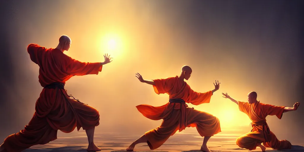 Image similar to [ shaolin monks. orbs of light hover over their open palms ]. fantasy art, digital painting, golden hour, 8 k, highly detailed. realistic award, disney concept art, watercolor splash, epic mythology, illustration by style of makoto shinkai takashi takeuchi yoshiyuki sadamoto, greg rutkowski chiho aoshima