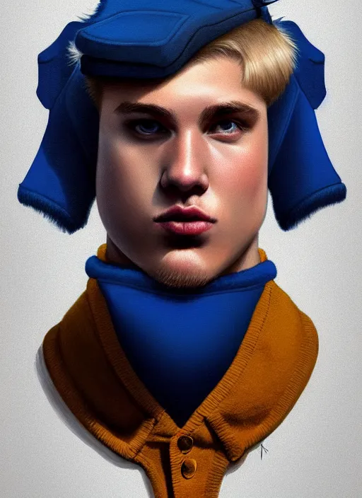 Image similar to portrait of high school senior boy named big moose, blonde short hair, jock, beefy, wide face, square jaw, square facial structure, blue varsity jacket with letter r, intricate, elegant, glowing lights, highly detailed, digital painting, artstation, concept art, sharp focus, illustration, art by wlop, mars ravelo and greg rutkowski