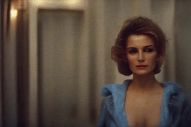 Image similar to pretty woman in dress in the style of movie stalker solaris film still by andrei tarkovsky, 8 k, 1 9 8 4, close - up bokeh, gelios lens, color, noir
