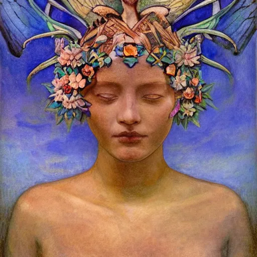 Prompt: the dawn crown, by Annie Swynnerton and Nicholas Roerich and Diego Rivera, bioluminescent skin, tattoos, wings made out of flowers, elaborate costume, geometric ornament, symbolist, soft colors, smooth, sharp focus, extremely detailed