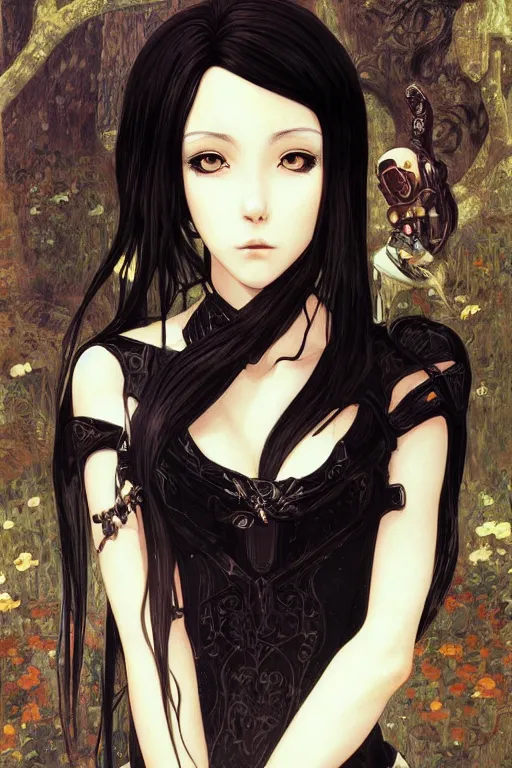 Image similar to portrait of beautiful young gothic anime maiden, cute-fine-face, pretty face, realistic shaded Perfect face, fine details. Anime, cyberpunk, Warhammer, highly detailed, artstation, illustration, art by Ilya Kuvshinov and ((((Gustav Klimt))))