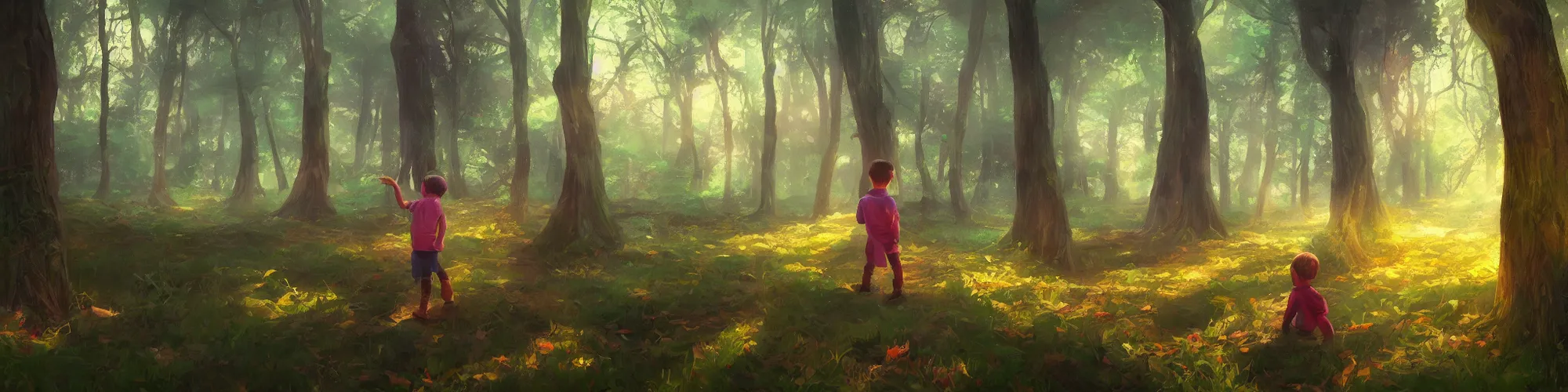 Prompt: a little boy lost in the magic woods, in the style of yanjun cheng, in the style of james gurney, 4 k, iridescent, wide angle, cinematic, atmospheric, anamorphic, film stock, unreal engine