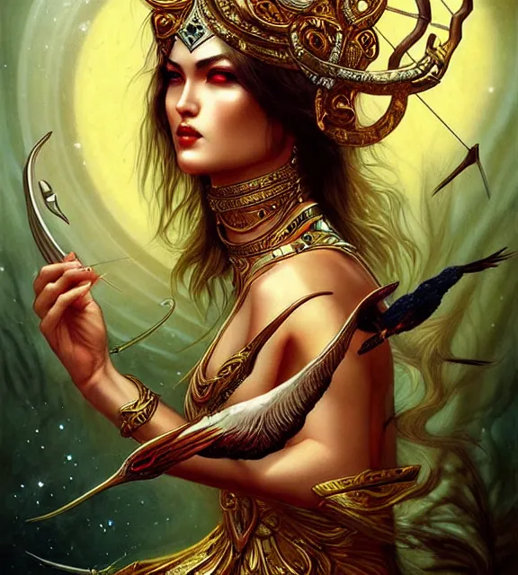 Prompt: goddess of the hunt, tarot card, ornate, digital art by artgerm and karol bak