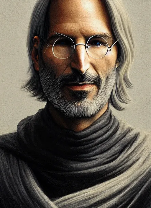 Image similar to portrait of steve jobs, white glowing eyes, silver shaggy hair, cloak, male, fantasy, extremely detailed, digital painting, artstation, concept art, sharp focus, illustration, stunning lighting, artgerm, alphonse mucha, simon stalenhag, light atmosphere, golden ratio, cinematic lighting, hyperdetailed, marc simonetti, greg rutkowski, 8 k