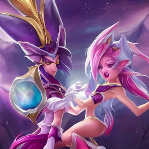 Image similar to star guardian xayah and star guardian kai'sa!!!!!!!!!! friends together, league of legends, star guardian xayah, star guardian kai'sa, hyperrealistic, realistic, high definition, by weta digital, 3 - dimensional, realistic