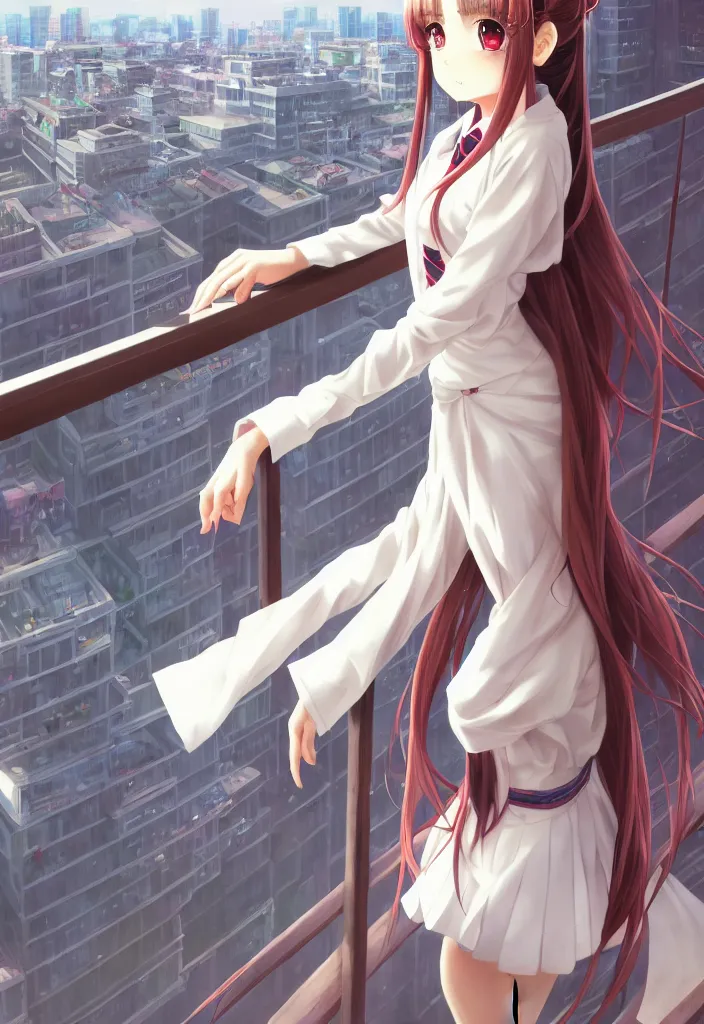 Image similar to beautiful full body portrait of a lone anime female with long flowing hair, wearing Japanese school uniform, standing on a balcony overlooking downtown Tokyo, D&D, fantasy, intricate, elegant, highly detailed, digital painting, artstation, concept art, smooth, sharp focus, illustration, art by ilya kuvshinov and WLOP and Ruan Jia and Krenz Cushart and greg rutkowski and alphonse mucha