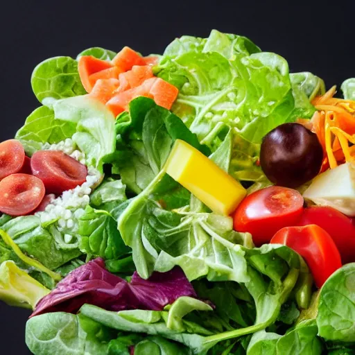 Prompt: head made of salad toppings