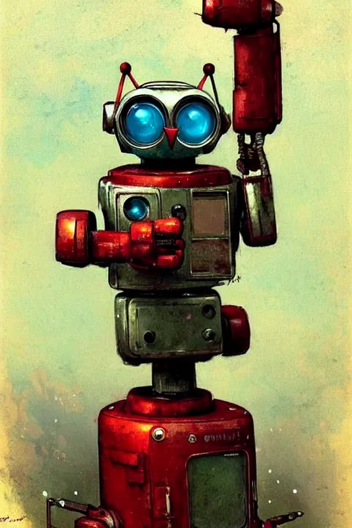 Prompt: adventurer ( ( ( ( ( 1 9 5 0 s retro future robot android wise old owl robot on a stand looking at the camera. muted colors. ) ) ) ) ) by jean baptiste monge!!!!!!!!!!!!!!!!!!!!!!!!! chrome red