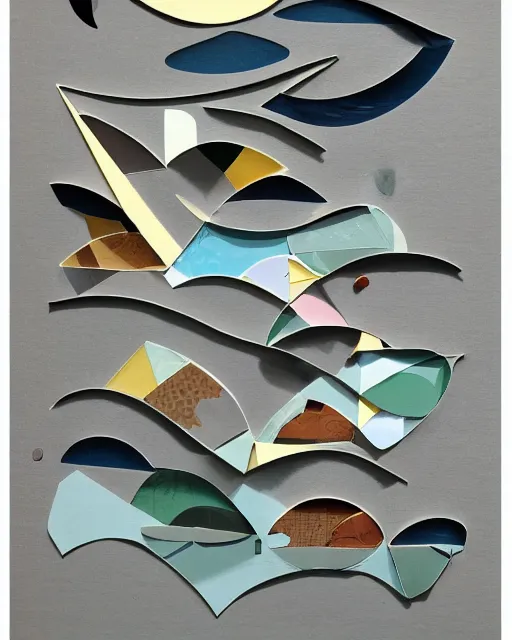 Prompt: A collage of a river reaching to the moon, mid-century modern, made of random shapes cut from magazines