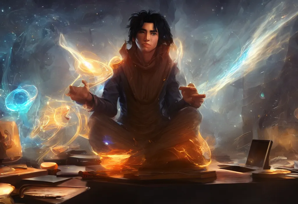 Image similar to a male mage in his 2 0 s with black hair sitting creating the universe, sitting on the desk in front of wide monitor. unreal engine, extremely detailed, award - winning art, trending on artstation