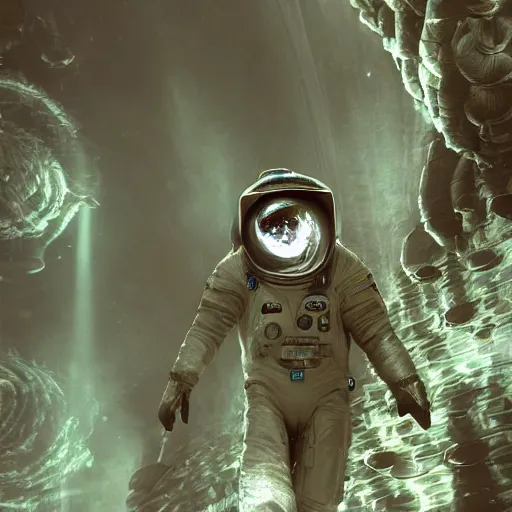 Image similar to concept art by craig mullins astronaut in futuristic dark and empty spaceship underwater. infrared complex and hyperdetailed technical suit. mandelbulb fractal. reflection and dispersion materials. rays and dispersion of light. volumetric light. 5 0 mm, f / 3 2. noise film photo. flash photography. unreal engine 4, octane render. interstellar movie art