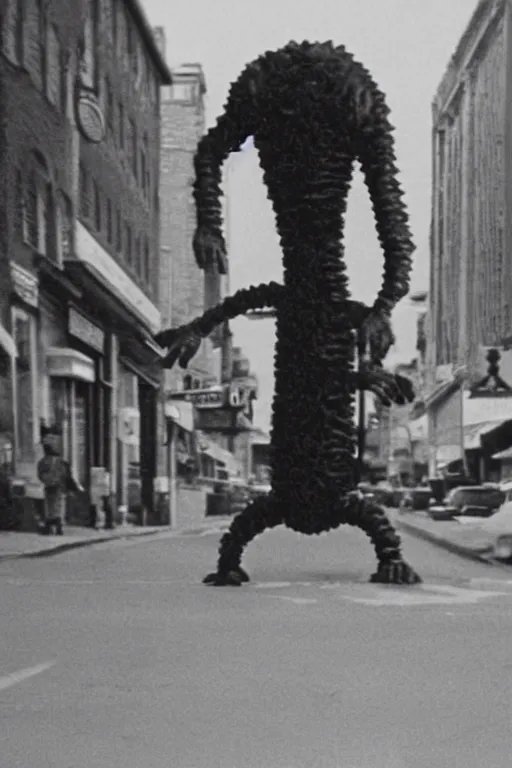 Image similar to still from vhs footage of worm!!! cryptid walking down street