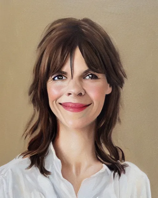 Prompt: a portrait painting of sabrina lloyd / perdita weeks / nicole de boer hybrid oil painting, gentle expression, smiling, elegant clothing, scenic background, behance hd by helen huang