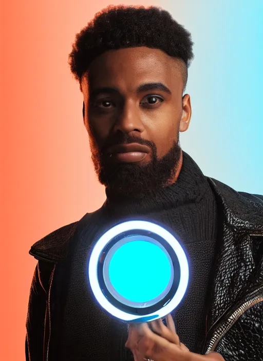 Image similar to a black man with short curly haircut, portrait, wearing black letter jacket, holding a futuristic looking big cinema camera, light blue led's, sharp focus, octane render, hyperrealistic, cinematic lighting, highly detailed, 8 k,