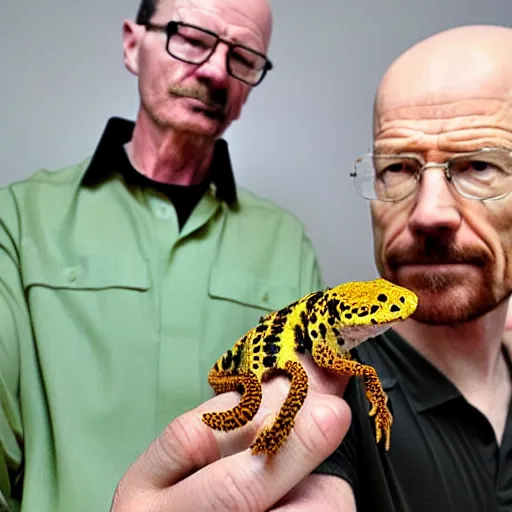 Image similar to walter white holding a leopard gecko