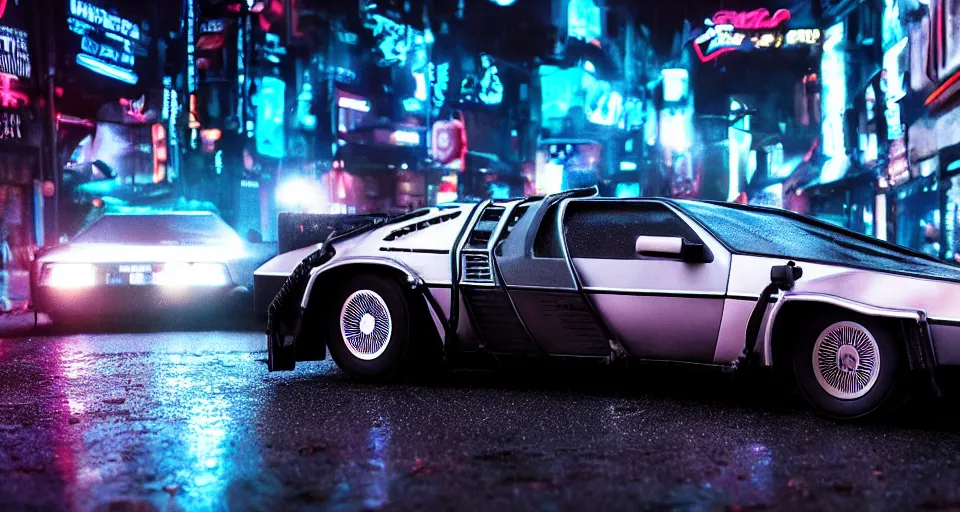 Image similar to a 2 8 mm closeup photo of a tela tron neon delorean back to the future car on wet city street at night, intricate, hyper detailed, smooth, high contrast, neon, volumetric lighting, octane, moebius, greg rutkowski, blade runner, ripley scott, mad max, cindmatic