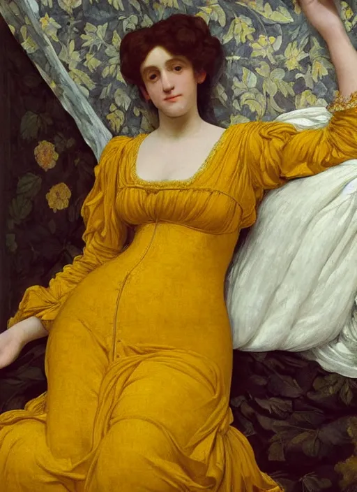 Image similar to masterpiece portrait of lady reclining on bed wearing yellow ochre ornate medieval dress, vertical, foreshortening, colour photography by frederic leighton, william morris, 8 k