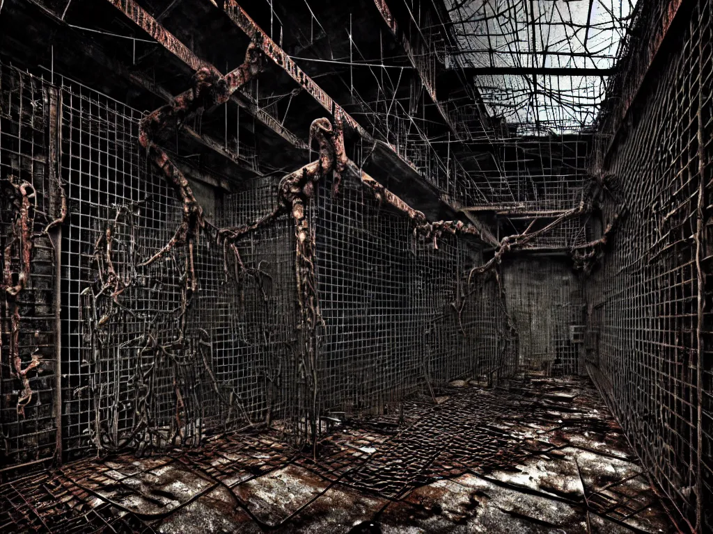 Image similar to An giant underground very gloomy multi-layered structure of rusty thick iron grids, dense chain-link fencing and peeling walls with multiple floors. In the center sits a creepy humanoid with very long limbs. Inside view, collapsed floors, bent rusted iron, masterpiece, macabre, black background, layers, corners, cinematic, hyperdetailed, photorealistic, hyperrealism, octane render, 8k, depth of field, bokeh, architecture, shadows, art by Zdzisław Beksiński, Arthur Rackham, Dariusz Zawadzki