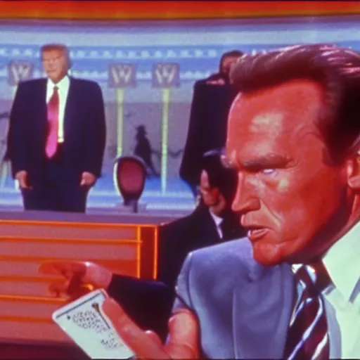 Prompt: movie still of donald trump as the gameshow host in arnold schwarzenegger's movie the running man. film quality