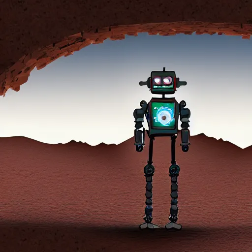 Prompt: a far away view of robot walking through the desert with a destroyed bridge in the distance, beautiful digital art, hand - drawn, 8 k