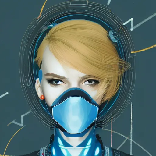 Prompt: Beautiful cyberpunk girl with blond hair wearing a mask profile picture by Mandelbrot, Benoit B., asymmetrical, Organic Painting , Matte Painting, geometric shapes, hard edges, street art, symmetric face, symmetric azure eyes, trending on the artstation:2 by Sachin Teng:4