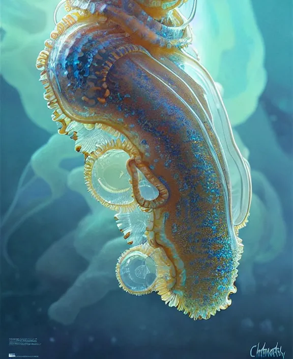 Image similar to intricate transparent clear see - through portrait of a terrifying beautiful alien sea slug, mottled coloring, adorable, childlike, pastoral environment, ultra realistic, concept art, art nouveau, photorealistic, octane render, 8 k, unreal engine. art by christopher marley and artgerm and greg rutkowski and alphonse mucha