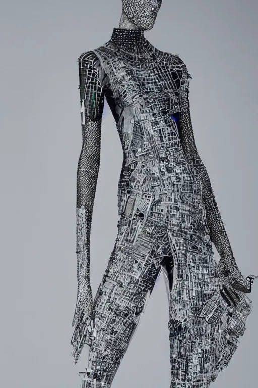 Image similar to futuristic haute couture dress styled by iris van herpin, yoji shinkawa, sharp detailed lines