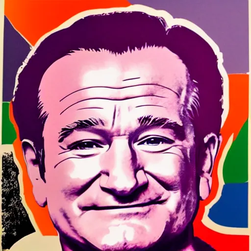 Image similar to silkscreen and lithography to create robin williams in the style of andy warhol