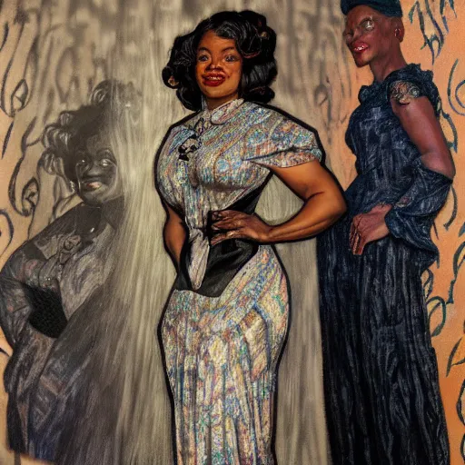 Image similar to 1940s black woman, long dress and black blouse drawn by Donato Giancola and Jon Foster, frank frazetta, alphonse mucha, background by James Jean and gustav klimt, 4k, volumetric lighting, french nouveau, trending on artstation, octane render, hyperrealistic