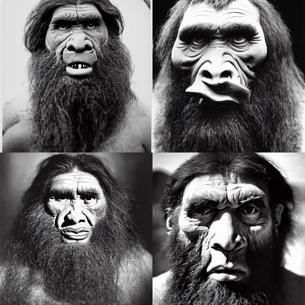 Prompt: facial photograph of a neanderthal by ansel adams