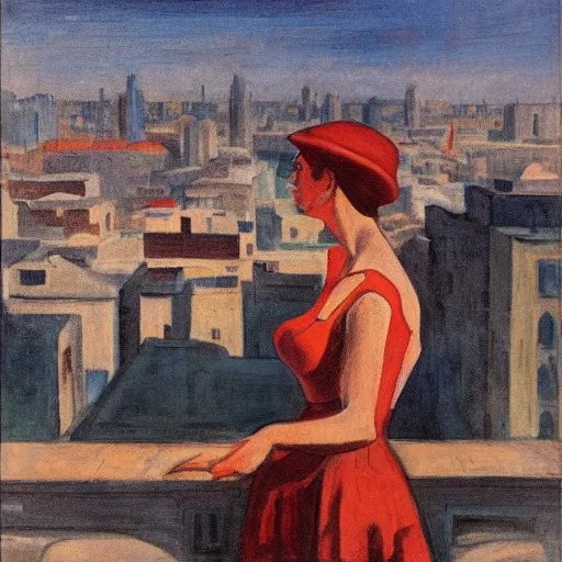 Image similar to woman, city, looking down, street top view, by enoch bolles