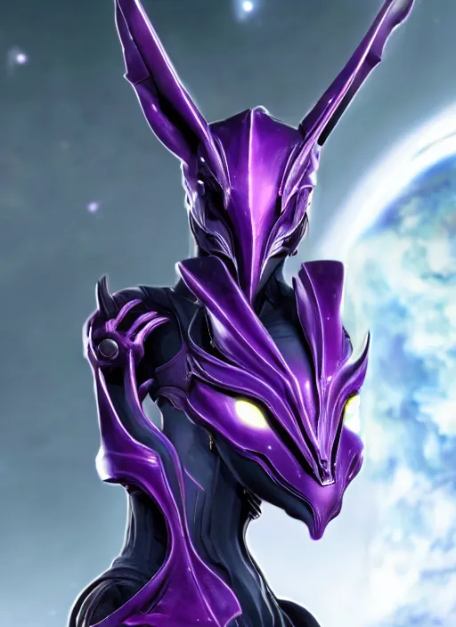 Image similar to cinematic close shot, galactic sized goddess, proportional stunning beautiful hot female warframe, detailed sleek cyborg female dragon head, metal ears, sleek purple eyes, sleek silver armor, smooth fuschia skin, floating in space, holding a planet, epic proportions, epic size, epic scale, furry art, dragon art, giantess art, warframe fanart, furaffinity, deviantart