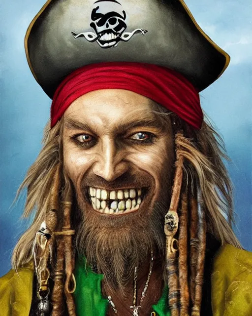 Image similar to an intimate portrait of a gnarly pirate, old skin, faded hat, crooked teeth, green eyes, a look of menace, detailed matte fantasy painting