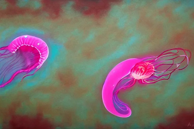 Prompt: painting of a vibrant pink jellyfish swimming underwater, arcylic, neon