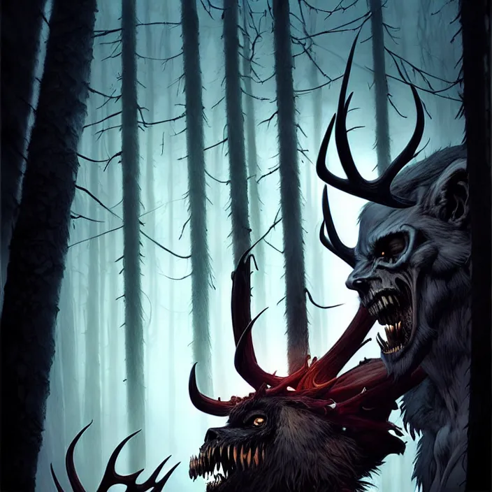 Prompt: style artgerm, joshua middleton, steve niles, jesper ejsing, scary wendigo with antlers and skull face mixed with werewolf, in the forest, detailed, dark and foggy, cinematic lighting