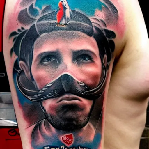 Image similar to ink tatoo, a swallow with a black beard wearing an athletic bilbao shirt, 4 k, masterpiece