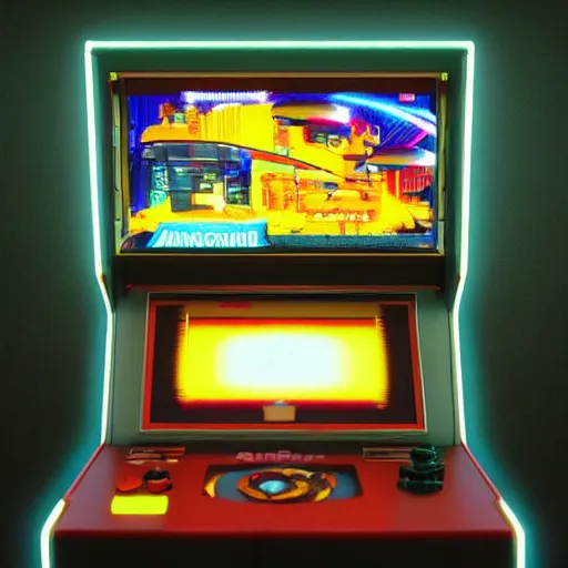 Image similar to 1990s arcade machine, octane render, unreal engine, digital art, Artstation, Trending on Artstation, cgsociety, Pinterest, 8k , close up to the screen, godrays, volumetric, reflections, cinematic, epic, accurate, coherent,