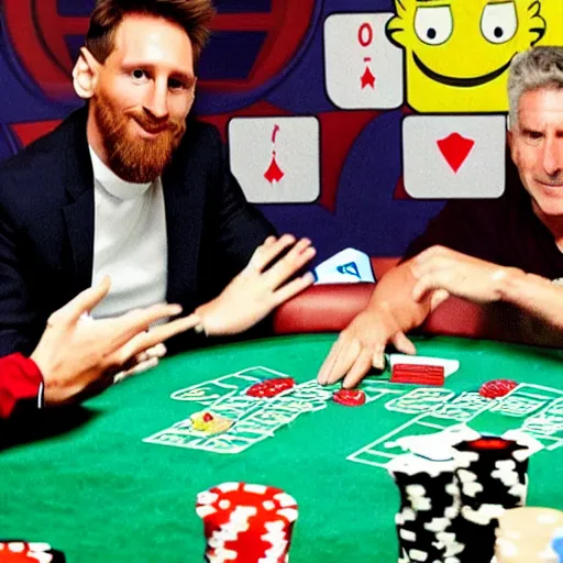 Image similar to messi playing poker with a real life bart simpson