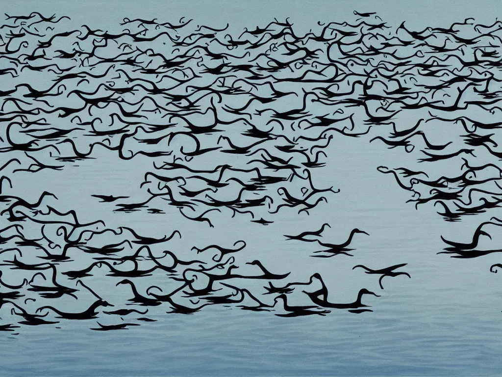 Image similar to black swans chilling in a lake that surrounded by forest, lake is light blue and sky is cloudy, by collaboration of M. C. Escher and Salvador Dali