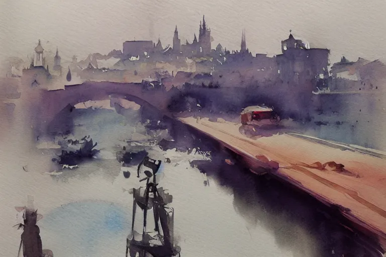 Prompt: small centered on watercolor paper, paint brush strokes, abstract watercolor painting of porto, bridge, cinematic light, national romanticism by hans dahl, by jesper ejsing, by anders zorn, by greg rutkowski, by greg manchess, by tyler edlin